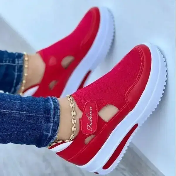 Women Casual Knit Hollow Design Velcro Breathable Platform Sneakers | Solid Color Comfort Shoes