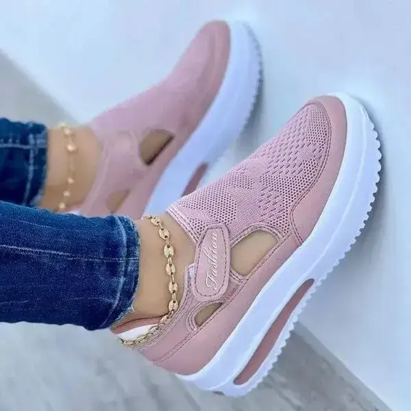 Women Casual Knit Hollow Design Velcro Breathable Platform Sneakers | Solid Color Comfort Shoes