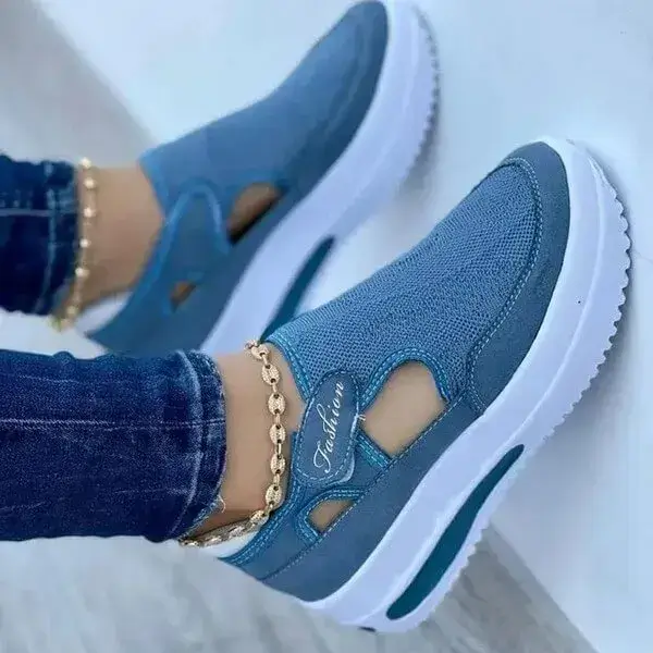 Women Casual Knit Hollow Design Velcro Breathable Platform Sneakers | Solid Color Comfort Shoes