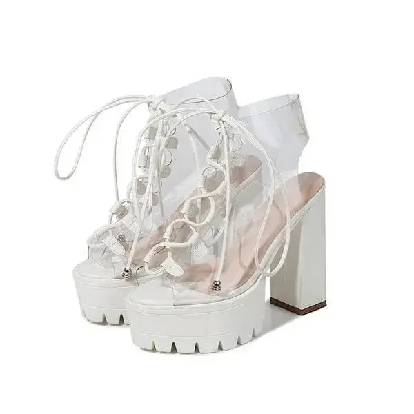 Womens Transparent Lace-Up Platform Heels | Open-Toe Block Shoes in Black, White, Yellow