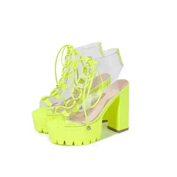 Womens Transparent Lace-Up Platform Heels | Open-Toe Block Shoes in Black, White, Yellow
