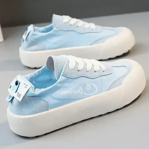 Womens Breathable Lace-Up Flat Shoes | Round Toe Casual Sneakers in Blue, Pink, White, Yellow