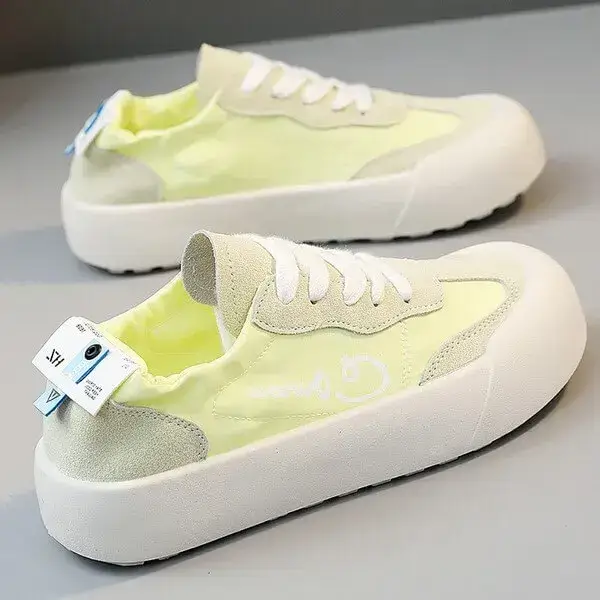 Womens Breathable Lace-Up Flat Shoes | Round Toe Casual Sneakers in Blue, Pink, White, Yellow