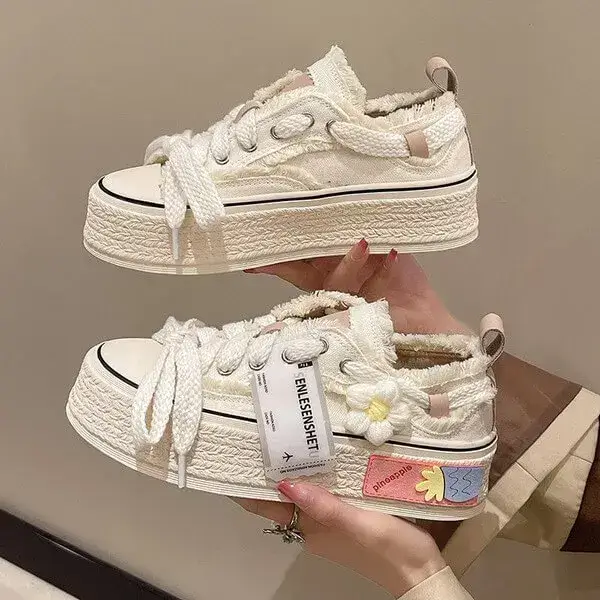 Womens Floral Canvas Sneakers | Breathable Thick-Sole Low-Top Shoes in Beige, Black, Pink