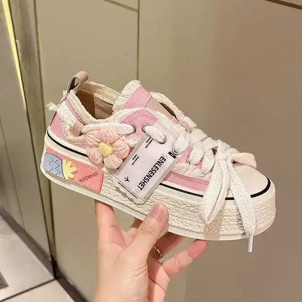 Womens Floral Canvas Sneakers | Breathable Thick-Sole Low-Top Shoes in Beige, Black, Pink