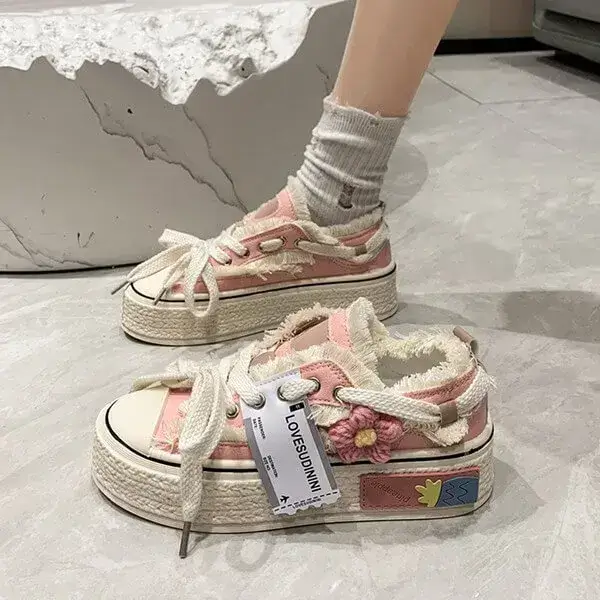 Womens Floral Canvas Sneakers | Breathable Thick-Sole Low-Top Shoes in Beige, Black, Pink