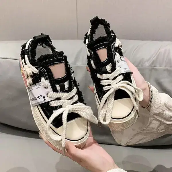 Womens Floral Canvas Sneakers | Breathable Thick-Sole Low-Top Shoes in Beige, Black, Pink
