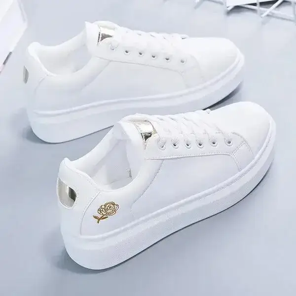 Womens Rose Embroidery Sneakers | Thick-Sole Breathable PU Low-Top Shoes in White Gold, White Silver