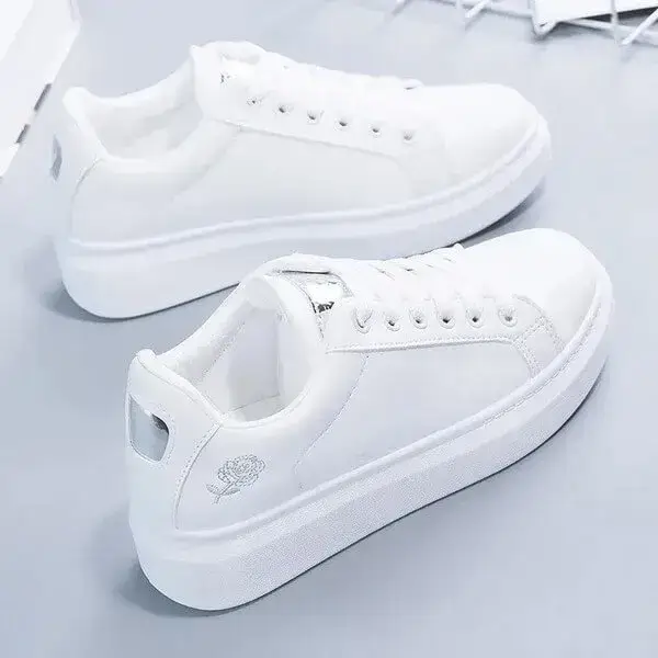 Womens Rose Embroidery Sneakers | Thick-Sole Breathable PU Low-Top Shoes in White Gold, White Silver