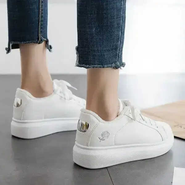 Womens Rose Embroidery Sneakers | Thick-Sole Breathable PU Low-Top Shoes in White Gold, White Silver