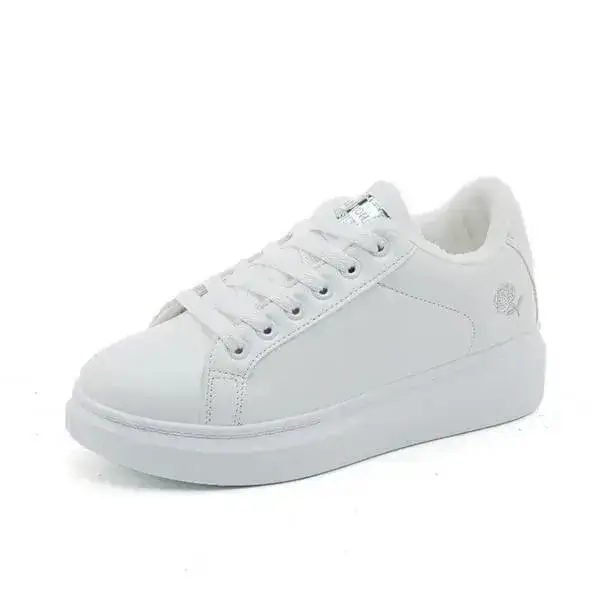 Womens Rose Embroidery Sneakers | Thick-Sole Breathable PU Low-Top Shoes in White Gold, White Silver