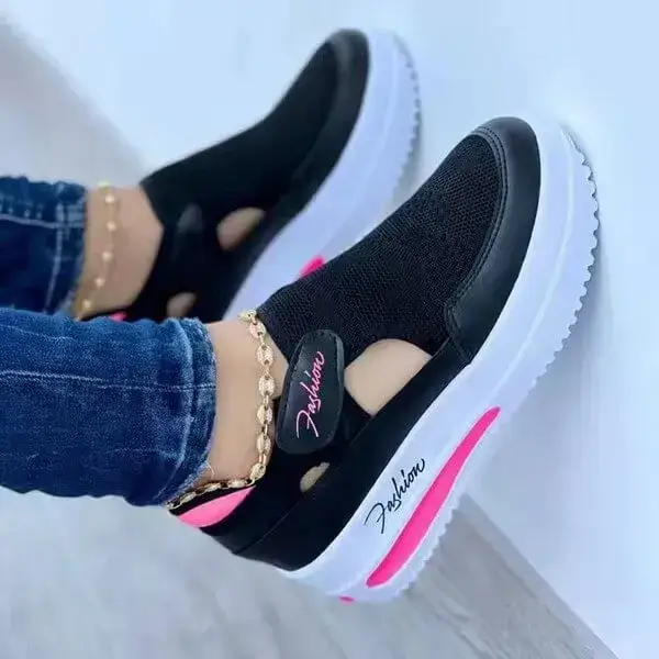 Womens Wedge Mesh Sneakers | Fly-Woven Velcro Breathable Low-Top Shoes in Black, Blue, Pink, Red