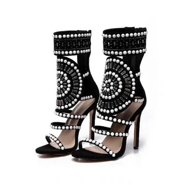 Womens Colorblock High Heels | Hollow-Out Open-Toe Stiletto Shoes in Black, Peach