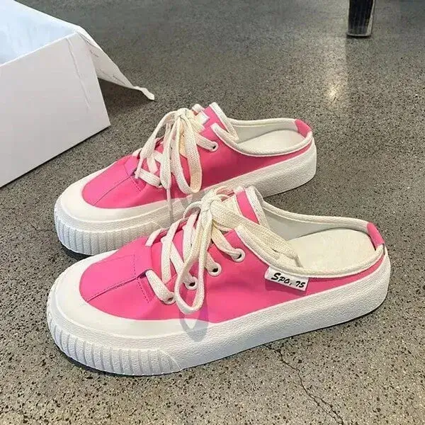 Womens Platform Slippers | Lace-Up Round Toe Breathable Sneakers in Beige, Rose