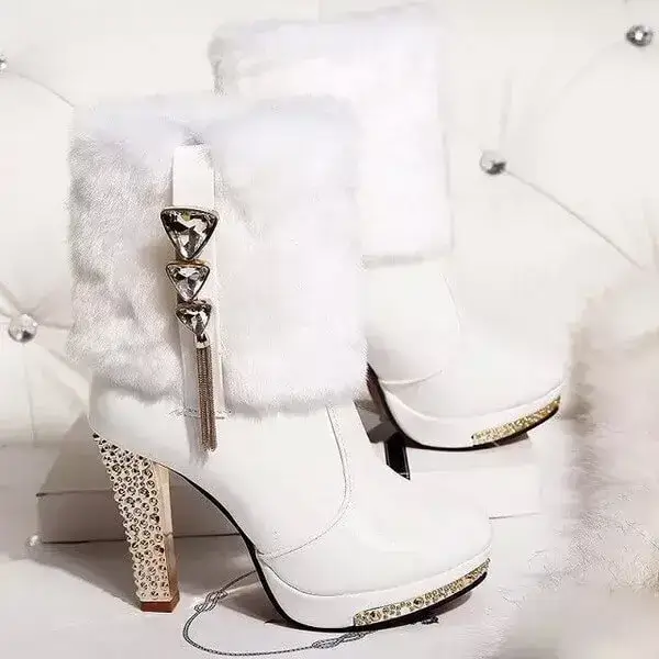 Womens Plush Boots | Pointed Toe Rhinestone Chunky Heel Platform Shoes in Black, White