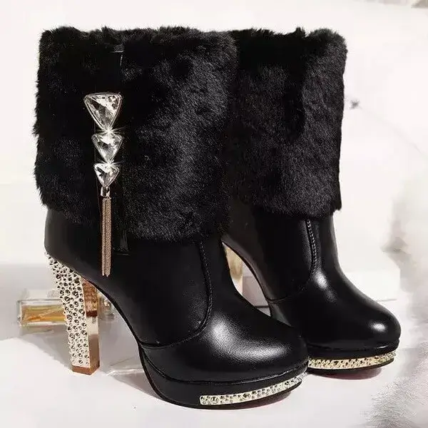 Womens Plush Boots | Pointed Toe Rhinestone Chunky Heel Platform Shoes in Black, White