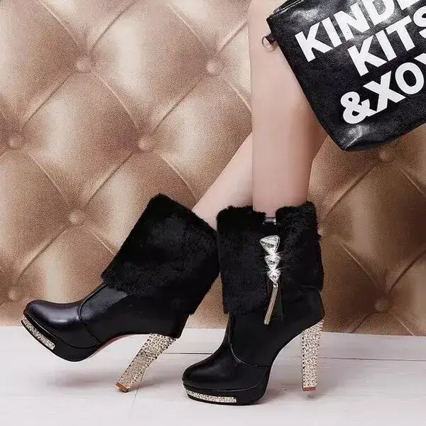 Womens Plush Boots | Pointed Toe Rhinestone Chunky Heel Platform Shoes in Black, White